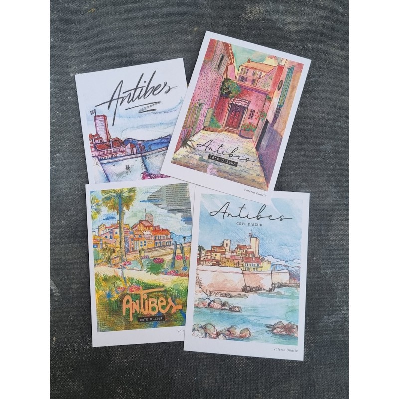 4 cartes postales artistiques d'Antibes avec des reproductions de dessins faits main par Valeria Duarte