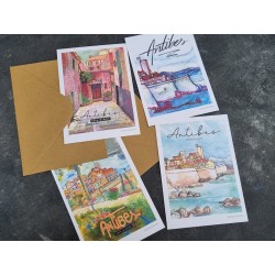 4 cartes postales artistiques d'Antibes avec des reproductions de dessins faits main par Valeria Duarte