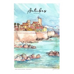 Antibes illustrée, Affiche A4, reproduction d'un dessin du Viel Antibes fait main sur papier recyclé