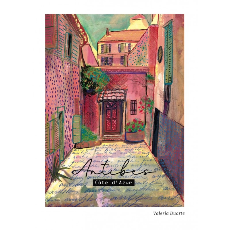 Carte postale artistique rue d'Antibes  reproduction dessin fait main