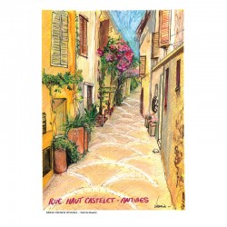 Antibes illustrée, Affiche A4, reproduction de dessin fait main sur papier recyclé, vue rue Haut Castelet