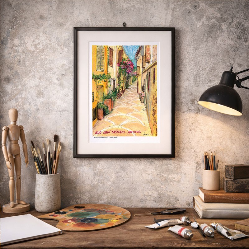 Antibes illustrée, Affiche A4, reproduction de dessin fait main sur papier recyclé, vue rue Haut Castelet