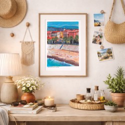 Nice illustrée, Affiche A4, Plage des Ponchettes, reproduction de dessin fait main sur papier recyclé, promenade des Anglais