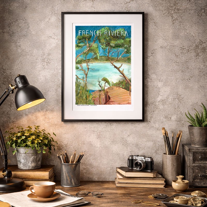 French riviera illustrée – Affiche A4, dessin fait main sur papier recyclé, plage avec arbre mis en valeur